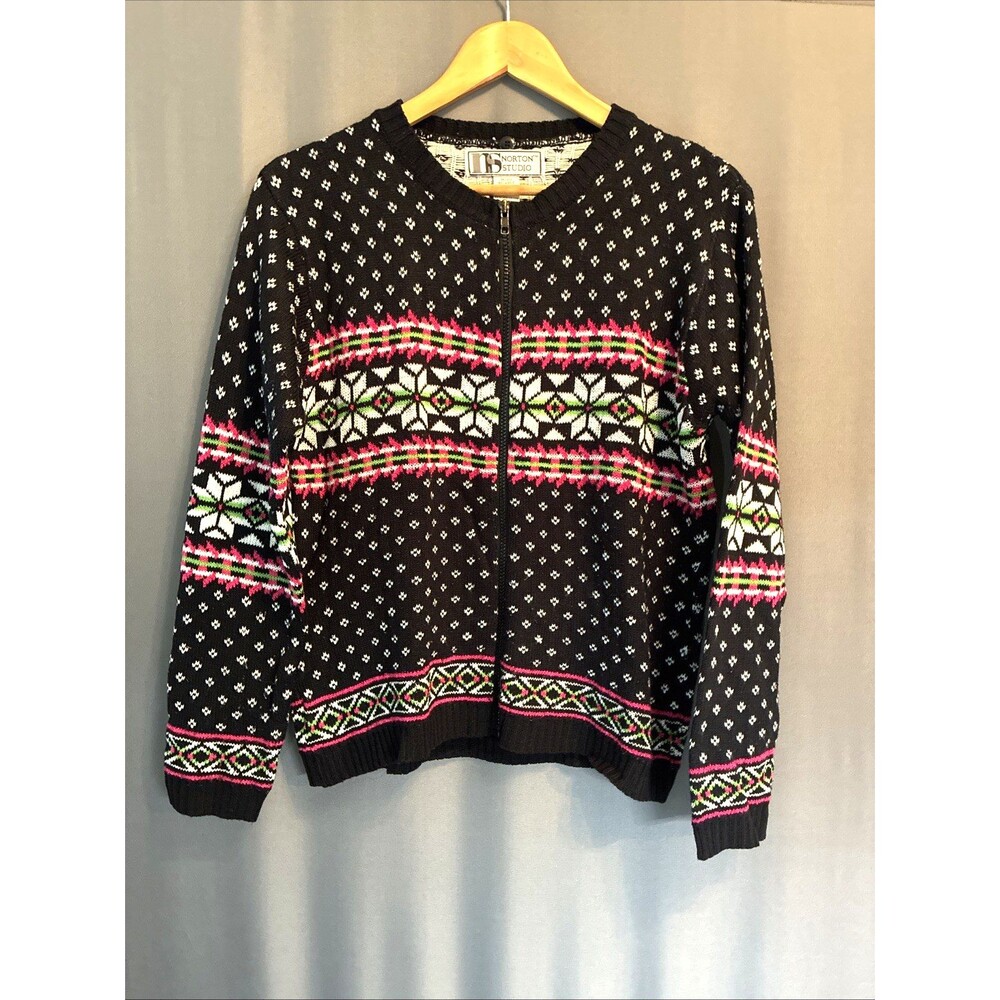 Vtg 90s Norton Studio Fair Isle Cardigan Sz L Black Pink Nordic Snow Christmas